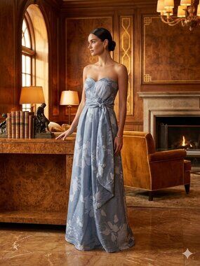 Donna Karan Strapless Light Blue Floral Tie-Waist Dress size 2